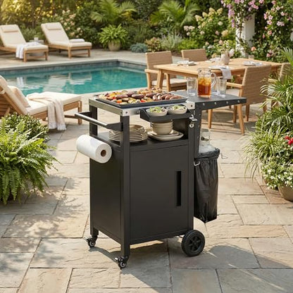 Casaphoria 33.9" Outdoor Kitchen Island BBQ Grill Cart, Stainless Steel Countertop Bar Cart with Folding Table,2 Lockable Wheels, Storage Cabinet, Spice Rack, Paper Towel Holder for Patio Lawn Garden