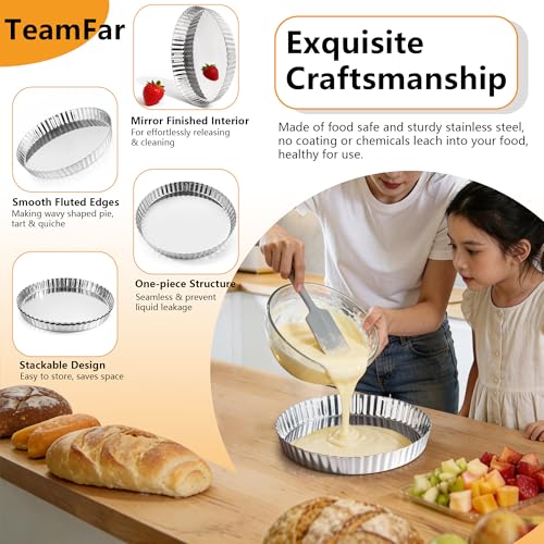 TeamFar Tart Pan, 9.5 Inch Stainless Steel Round Tart Pie Pan, Metal Quiche Baking Dish with Fluted Side for Baking Fruit Tarts, Quiches, Pies, Mousse Cakes, Heavy Duty & Dishwasher Safe