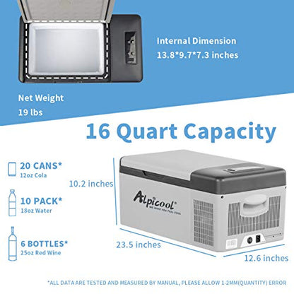 Alpicool C15 Portable Car Freezer,12 Volt Refrigerator, 16 Quart (15 Liter) Fast Cooling 12V Car Fridge -4℉~68℉, Car Cooler, 12/24V DC and 100-240V AC for Outdoor, Camping, RV, Truck, Boat