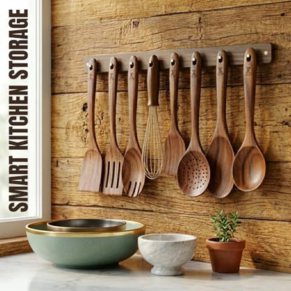 10 Pcs Wooden Utensil Set, 100% Natural Teak Wood Cooking Utensils with Spatula, Turner, Spoon Rest & Holder, Heat Resistant, Lightweight Wooden Spoons for Cooking, Safe for Nonstick Cookware