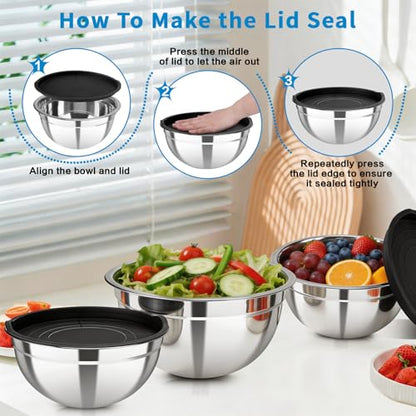 YJSLICT Stainless Steel Mixing Bowls with Lids Set, 7 Pcs Nesting Design Metal Mixing Bowls Salad Bowl for Mixing, Prepping and Serving Food(Size4.5-0.7QT)