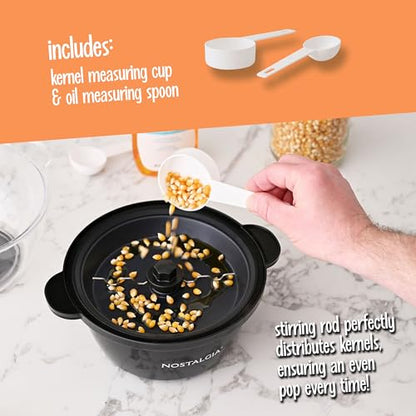 Nostalgia Classic Electric Stirring Popcorn Maker, Makes 8 Cups, Large Lid Doubles as Serving Bowl, Quick Heat Technology, for Kettle Corn and Roasted Nuts, Black