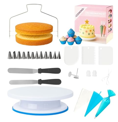 82 Pcs Cake Decorating Kit with Non-Slip Turntable, Stand,Leveler, 12 Piping Nozzles, Spatulas,Cupcake, 2 Reusable & 50 Disposable Bags,Complete Starter Set for Beginners & Home Bakers