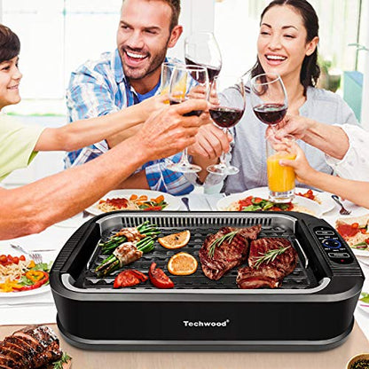 Indoor Grill, Techwood 1500W Smokeless Electric Grill with Tempered Glass Lid, Compact & Portable Non-Stick BBQ Grill with 6-Level Control, Dishwasher Safe, Black