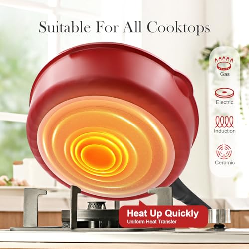 Bobikuke 10 Inch Deep Frying Pan with Lid, Non Stick Frying Pans Saute Pan, Nonstick Skillet Cooking Pan Kitchen Pans, Compatible with All Stoves, Detachable Handle, Oven Safe, PFOA Free, Red (4 Qt)