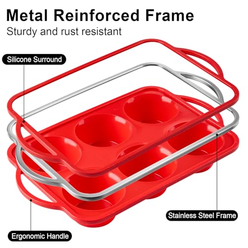 Puyeipt Jumbo Muffin Pan with Metal Frame, 6 Cup Large Cupcake Mold with Handles, Silicone Egg Bite Baking Tray, BPA Free & Non-Stick