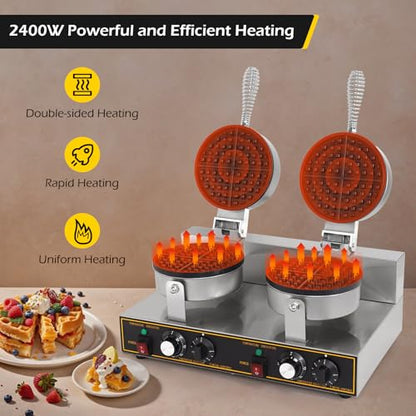 Dyna-Living Waffle Maker 2400W Double Waffle Iron Maker Restaurant Non-stick Round Waffle Machine Commercial Waffle Maker Large Waffle Machine for Hotel, Thicken Stainless Steel