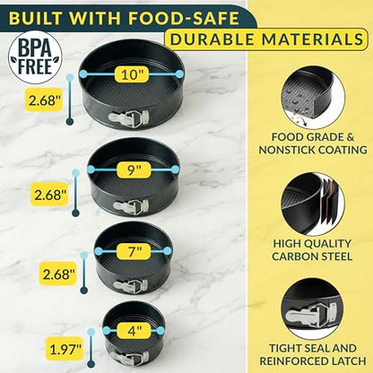 Springform Pan Set of 4 - 4,7,9,10" Carbon Steel With Removable Bottom – Leakproof Design, Nonstick Coating Cheesecake Pan – Durable Cake Mold With Secure Latch, Even Heat Cheese Cake Pans For Baking