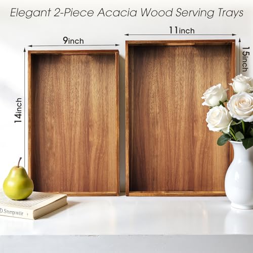 EdenDwell Acacia Serving Trays - 2 Pack, Acacia Wood Serving Platterss, Wood Serving Tray, Decorative Trays for Breakfast, Brunch, Dinner, Coffee Table, Party, Kitchen-M
