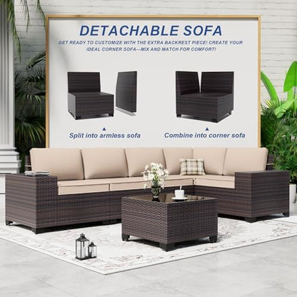 ASJMR Outdoor Patio Furniture Set, 12 Pieces Outdoor Sectional Furniture High Backrest Patio Sofa, All-Weather PE Rattan Patio Conversation Set with Coffee Table & Cushions(Brown).
