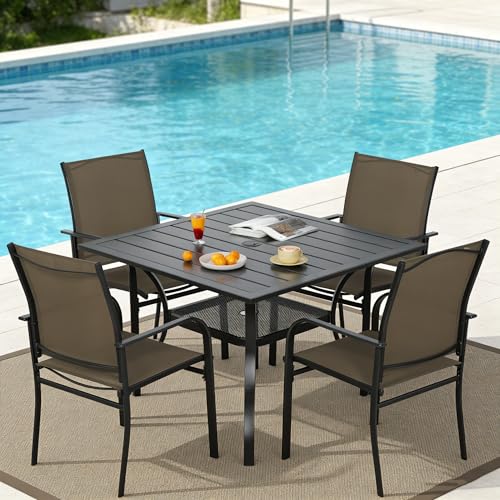 SUNCROWN 5 Pieces Outdoor Dining Set, Patio Furniture Set with 4 x Textilene Dinning Chairs and 1 Steel Slat Metal Bistro Table for Lawn Garden Backyard Deck - Brown