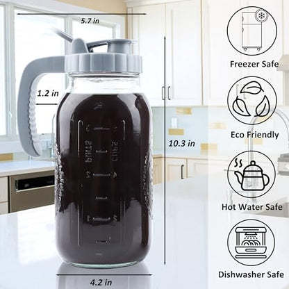 Cold Brew Coffee Maker 64 OZ Mason Jar Cold Brew Pitcher With Infuser 2 Quart Wide Mouth Iced Coffee Maker With Pour Spout Lid And Handle Half Gallon Airtight & Leakproof Pitcher For Fridge