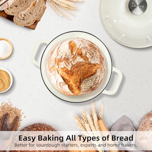 Davivy 5QT Dutch Oven for Sourdough Bread, Enamel Cast Iron Bread Pan, Round Sourdough Pan Bread Dutch Oven Bread Cloche with Slicone Oven Mitts - White