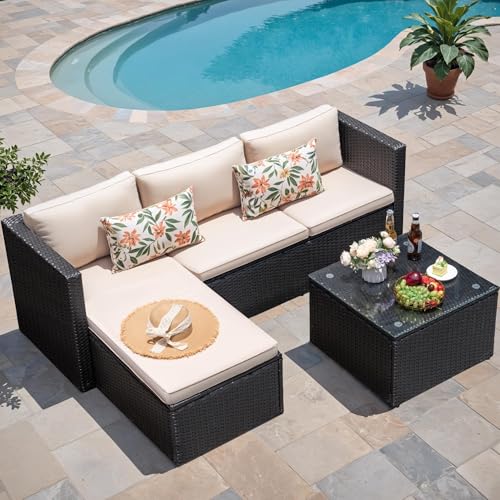 Greesum 3 Piece Patio Furniture Set Outdoor Wicker Rattan Sectional Sofa with Adjustable Seat, Soft Cushions & Coffee Table for Yard, Garden, Porch, Poolside, Beige