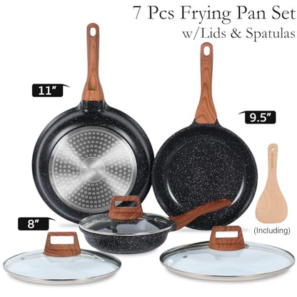 ESLITE LIFE Nonstick Ceramic Frying Pans Skillets Set with Lids, Non-Toxic Egg Omelette Kitchen Cooking Pans Compatible with All Stovetops (Gas, Electric & Induction), PTFE & PFOA Free (Black)