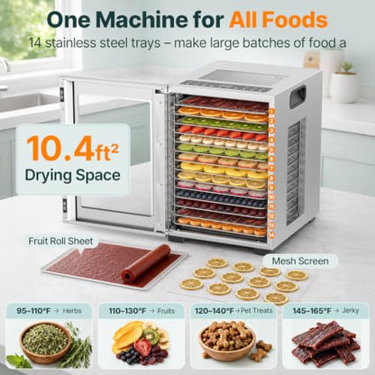 HOPERAN 14-Tray Food Dehydrator with 10 Presets, Stainless Steel, 840W