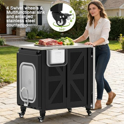 IWDOO Outdoor Kitchen Island with Storage Cabinet, 3-in-1 Movable Grill Cart with Stainless Steel Tabletop, 4 Swivel Wheels, Foldable Sink Rolling Bar Table Cart BBQ Food Prep Station for Patio, Black