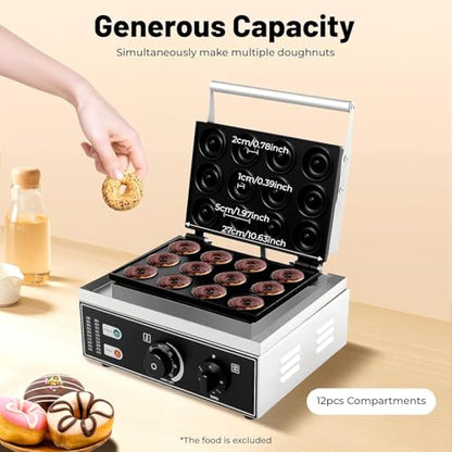 TENNIEX 1550W Electric Donut Maker, 12 Hole Nonstick Doughnut Machine Commercial Waffle Maker Crepe Maker for Restaurant Bakeries Family, Temperature Range 122-572℉