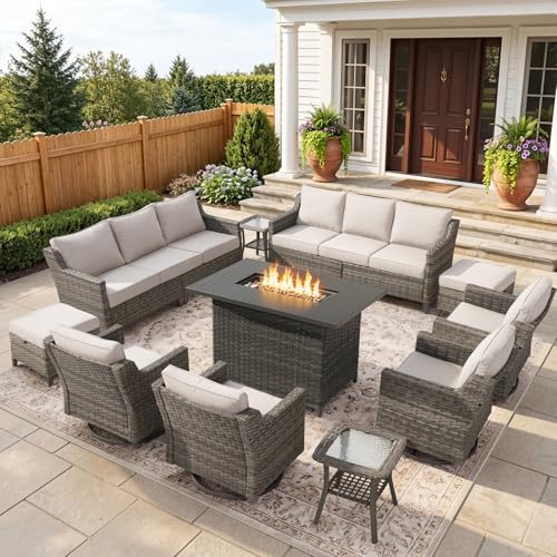 Belord Patio Wicker Swivel Rocker Patio Chairs with 3-Seater Sofa and 42.5" Fire Pit Table, Outdoor Furniture Set for Deck Porch Poolside, 11 Piece Patio Conversation Furniture Set,Beige