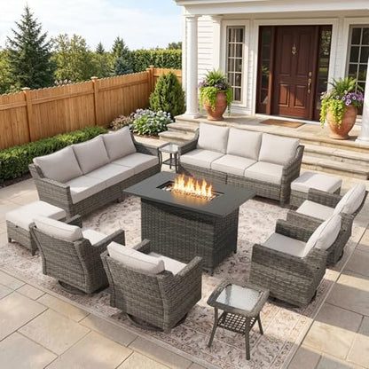 Belord Patio Wicker Swivel Rocker Patio Chairs with 3-Seater Sofa and 42.5" Fire Pit Table, Outdoor Furniture Set for Deck Porch Poolside, 11 Piece Patio Conversation Furniture Set,Beige