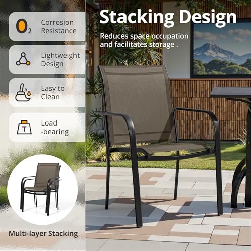 Crownland 7 Piece Patio Dining Set, Textilene Dining Sets, 6 Textilene Metal Chairs and Rectangular Outdoor Dining Table with Khaki 9FT Round Outdoor Umbrella (Brown)