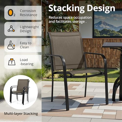 Crownland 7 Piece Patio Dining Set, Textilene Dining Sets, 6 Textilene Metal Chairs and Rectangular Outdoor Dining Table with Khaki 9FT Round Outdoor Umbrella (Brown)