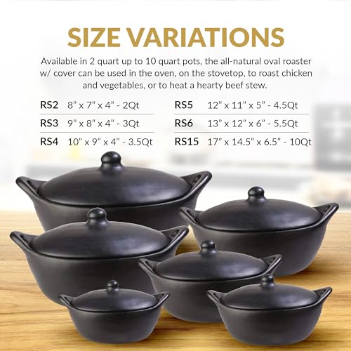 Authentic Chamba Oval Roaster w/Cover - Elegant, All-Natural Black Clay Dutch Oven for Braising, Baking, Roasting - Stovetop & Oven Safe – Earthenware, Handmade in Colombia – V. Large, 10 Qt.