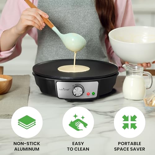 Nutrichef Electric Crepe Maker Pan & Griddle - 12 Inch Nonstick Cooktop, LED Indicators & Adjustable Temperature Control, Includes Spatula, Batter Spreader, Cooks Crepes, Roti & Pancakes