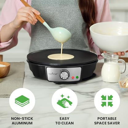 Nutrichef Electric Crepe Maker Pan & Griddle - 12 Inch Nonstick Cooktop, LED Indicators & Adjustable Temperature Control, Includes Spatula, Batter Spreader, Cooks Crepes, Roti & Pancakes