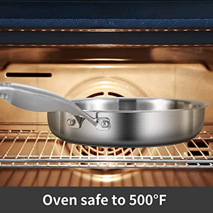 LOLYKITCH 10 Inch Tri-Ply Stainless Steel Sauté Pan with Lid,3 QT Deep Frying Pan,Small Skillet,Jumbo Cooker,Induction Cooking Pan,Dishwasher and Oven Safe,Detachable Handle