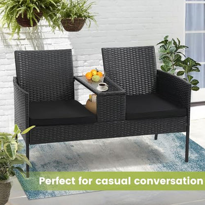Kromax Wicker 2 Seat Patio Loveseat, Outdoor Rattan Loveseat with Table