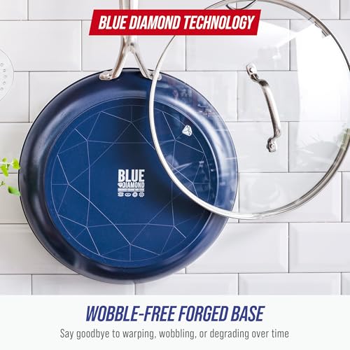 Blue Diamond 12" Nonstick Frying Pan with Lid, Diamond Infused PFAS & PTFE-Free Ceramic Skillet, Dishwasher & Oven Safe, Stay Cool Handle, Durable Non Toxic Metal Utensil Safe, Glass Lid, Blue
