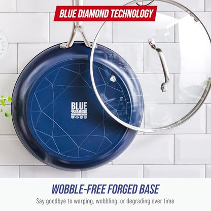 Blue Diamond 12" Nonstick Frying Pan with Lid, Diamond Infused PFAS & PTFE-Free Ceramic Skillet, Dishwasher & Oven Safe, Stay Cool Handle, Durable Non Toxic Metal Utensil Safe, Glass Lid, Blue