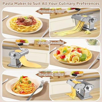 3 in 1 Pasta Maker - 7 Thickness Noodle Maker with Roller & 2 Width Cutters