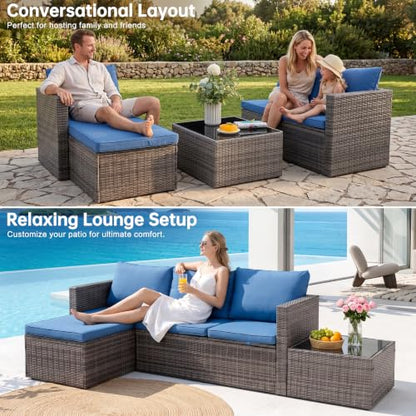 Patio Furniture Set 4 Pcs Outdoor Sectional Sofa Set with Cushion, Blue