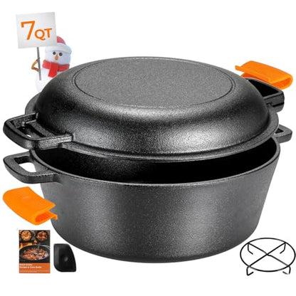 TLGREEN Cast Iron Dutch Oven Pot with Lid, Pot (5.1QT) and Lid as a Skillet(1.9QT) - Dutch Oven Cast Iron with Silicone Holders, Iron Stand, for Oven, Stove, Grill，Campfire