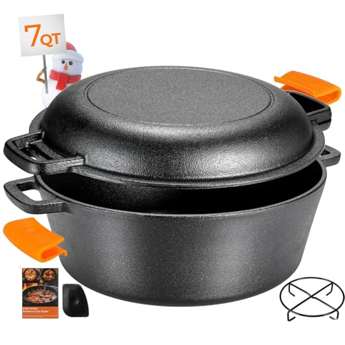 TLGREEN Cast Iron Dutch Oven Pot with Lid, Pot (5.1QT) and Lid as a Skillet(1.9QT) - Dutch Oven Cast Iron with Silicone Holders, Iron Stand, for Oven, Stove, Grill，Campfire