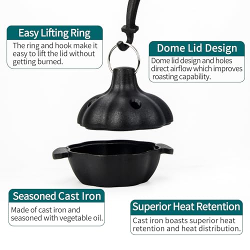 IPROUDER Cast Iron Garlic Roaster with Handle, Smoker Roaster, Garlic Cooker, Garlic Baker, Garlic Roasting Pot, Potato Baker, Mini Cocotte, Used in the Kitchen Oven or Outdoors on a BBQ Grill Stove