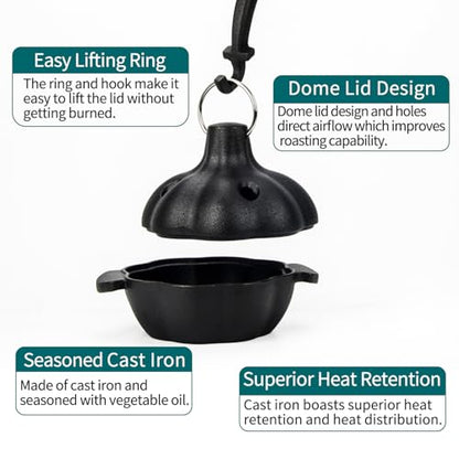 IPROUDER Cast Iron Garlic Roaster with Handle, Smoker Roaster, Garlic Cooker, Garlic Baker, Garlic Roasting Pot, Potato Baker, Mini Cocotte, Used in the Kitchen Oven or Outdoors on a BBQ Grill Stove