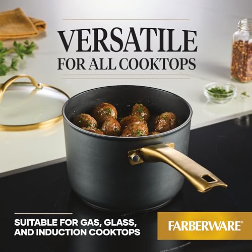 Farberware Forged Induction Ceramic Cookware Nonstick Saucepan with Lid, Dishwasher Safe, Suitable for All Stovetops, 3 Quart Sauce Pan - Black and Gold