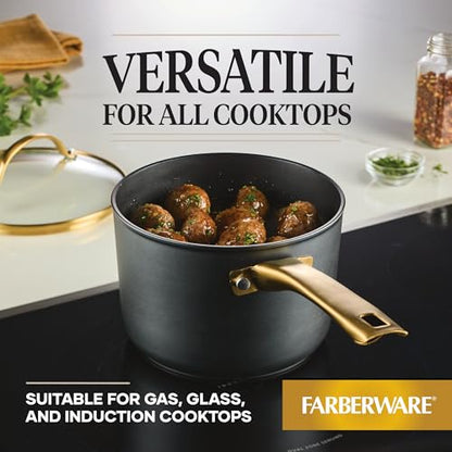 Farberware Forged Induction Ceramic Cookware Nonstick Saucepan with Lid, Dishwasher Safe, Suitable for All Stovetops, 3 Quart Sauce Pan - Black and Gold