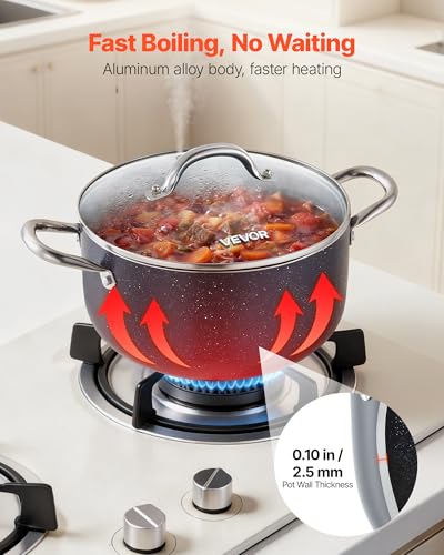 VEVOR Aluminum Stock Pot, 6-Quart Nonstick Ceramic Coated Pot with Glass Lid, PFOA-Free, PFAS-Free, Compatible with Gas Stoves, Induction Cooktops, Electric Stoves, for Soups, Stews, and Pasta