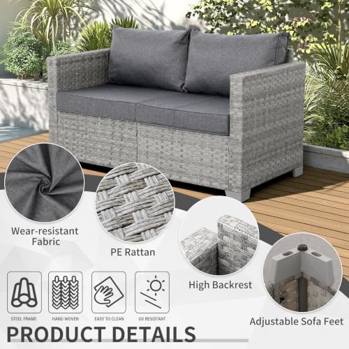 WAROOM Outdoor Patio Loveseat Wicker Small Couch 2-Seater Rattan Sofa Balcony Furniture Deep Seat Porch Seating, Grey Cushion