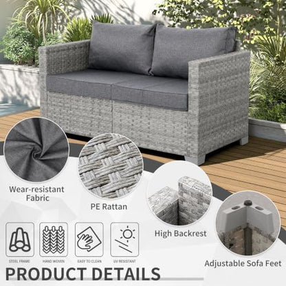 WAROOM Outdoor Patio Loveseat Wicker Small Couch 2-Seater Rattan Sofa Balcony Furniture Deep Seat Porch Seating, Grey Cushion