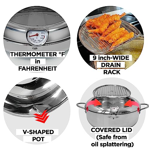 Saltlas Deep Fryer Pot (°F), 11"/4.4Qt (4.2 L) Extra Large Tempura Frying Pot with Lid, 304 Stainless Steel Fry Pot with Fahrenheit Thermometer and Oil Drip Drain Rack