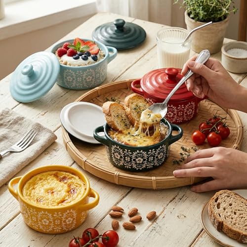 Goaste 4 Pack Porcelain Ramekins with Lids, 7 OZ Mini Casserole Dish with Handles, Round Ceramic Cocotte Bowl Set, Individual Small Baking Dish for Souffle, Creme Brulee, Lava Cake, Soup (4 Colors)