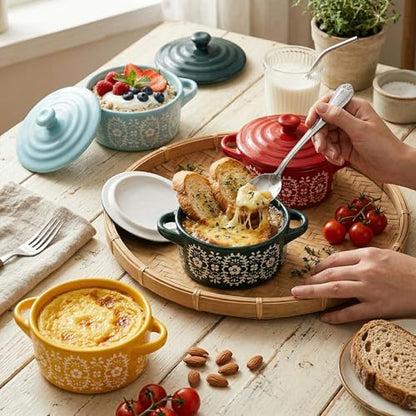 Goaste 4 Pack Porcelain Ramekins with Lids, 7 OZ Mini Casserole Dish with Handles, Round Ceramic Cocotte Bowl Set, Individual Small Baking Dish for Souffle, Creme Brulee, Lava Cake, Soup (4 Colors)