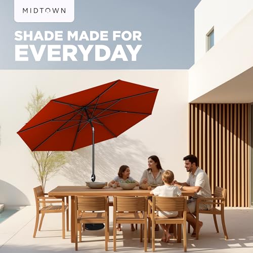 Midtown Umbrellas - 10-Year-No-Fade 9 Ft Patio Umbrella with Terylast Fabric, Auto-Tilt Aluminum Frame and 8 Reinforced Ribs for Deck, Pool, Garden & Beach - Apple Red Canopy, Black Pole