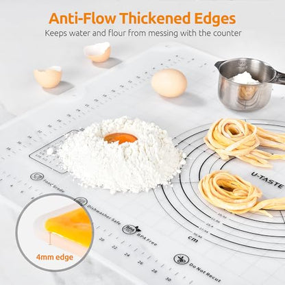 U-Taste 28"x20" Large Pastry Mat: Food-Grade Liquid Silicone Dough Rolling Baking Sheet, Non-Stick Non-Slip for Kneading, Making Pizza, Fondant with Clear Measurement and Raised Edges (Transparent)