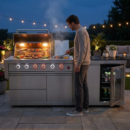 84" Deluxe Outdoor Kitchen Bar and BBQ Island Grill with 6 Burner, 75300 BTU Stainless Steel Grill, Integrated Sink, Wine Cooler, Refrigerator, Granite Countertops, and Rotisserie Kit